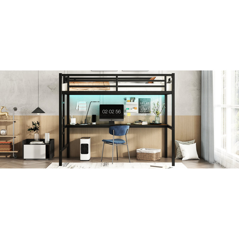 Lit mezzanine simple en métal avec bureau et bureau noir pratique