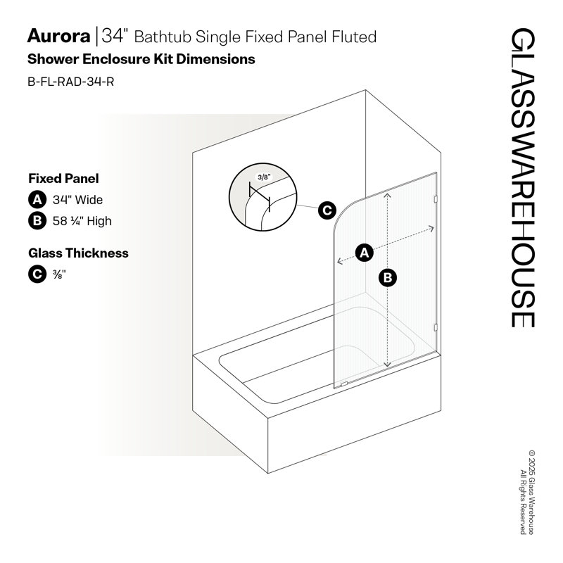 Aurora 34 in. x 58.25 in. Frameless Fluted Radius Single Fixed Bath Panel, Brushed Nickel, Right Hand