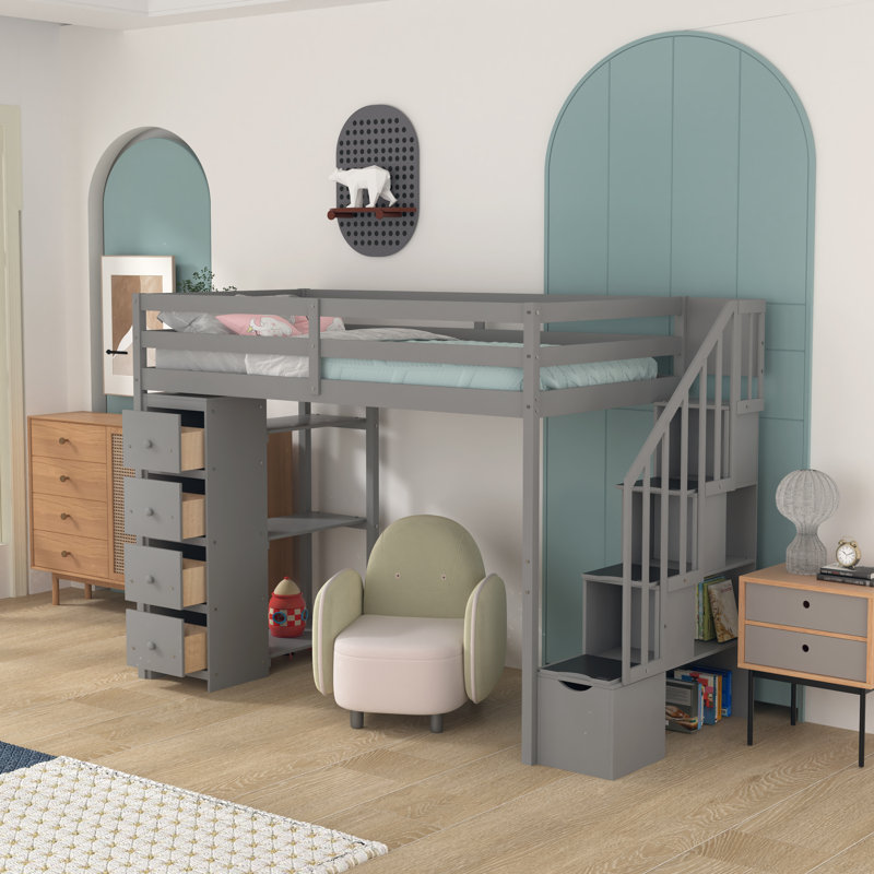 Gerld Kids Twin Loft Bed with Drawers, Gray