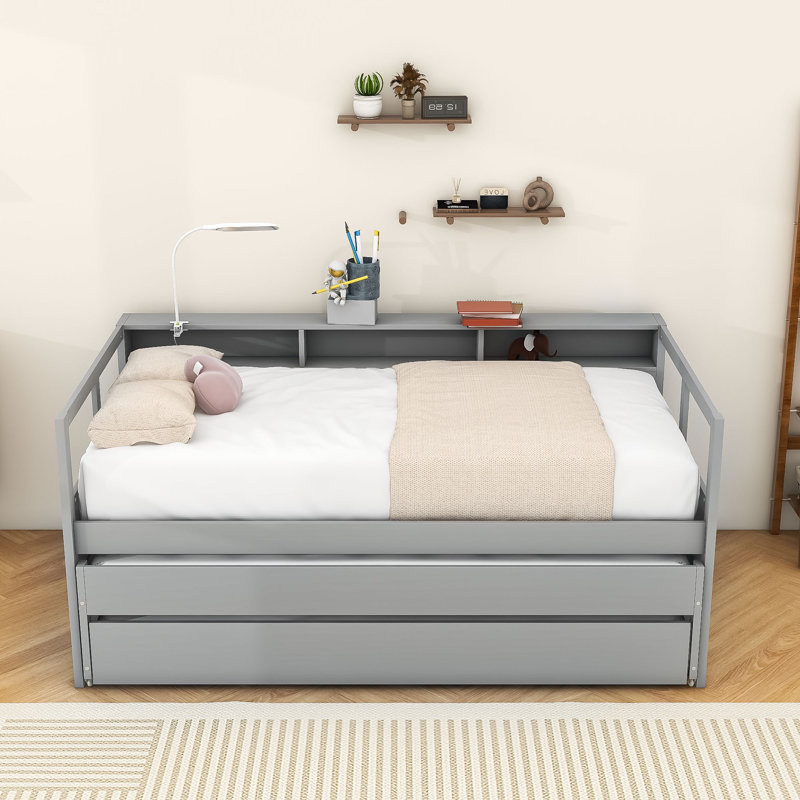 Wood Twin XL Daybed with 2 Twin Trundles, Shelves, Light and USB Ports, Gray