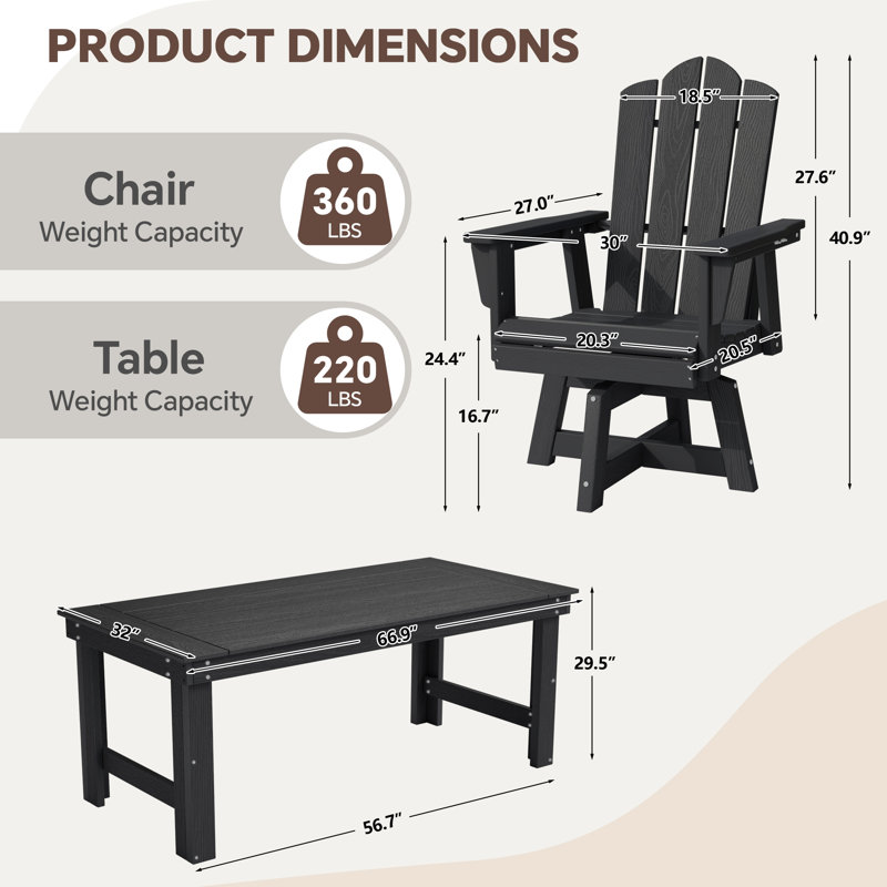 Chaise Adirondack pivotante en plastique noir PEHD, Noir