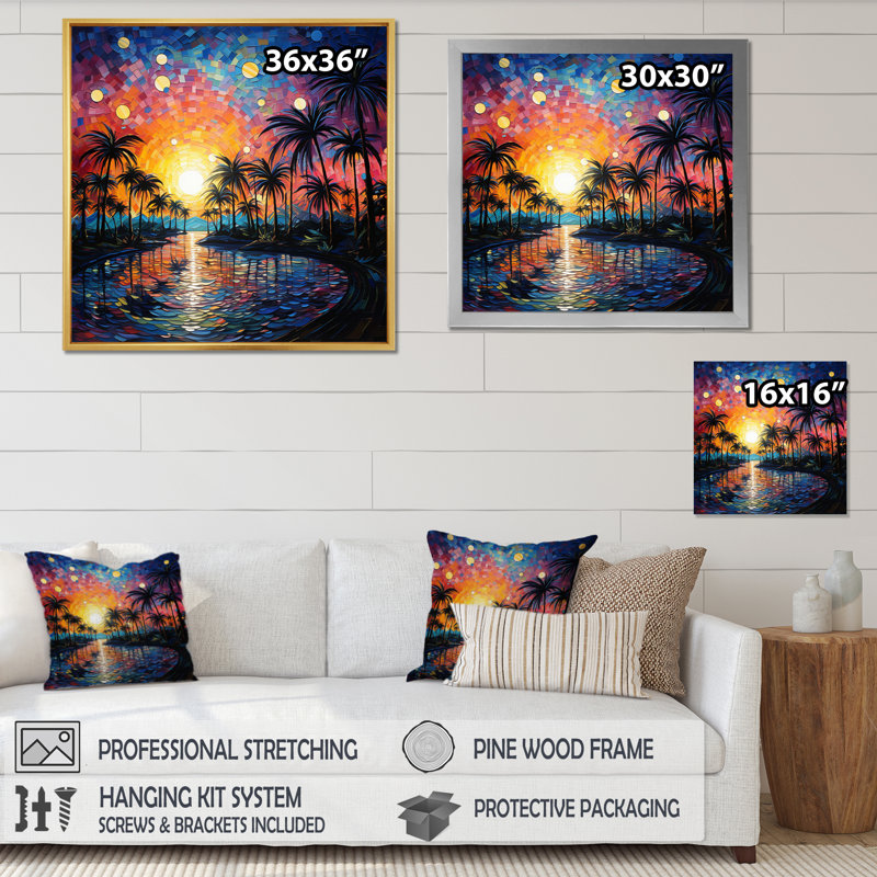 Palmiers, pointillisme tropical II - impression, H 36 po x l 36 po x P 1,5 po, Toile tendue