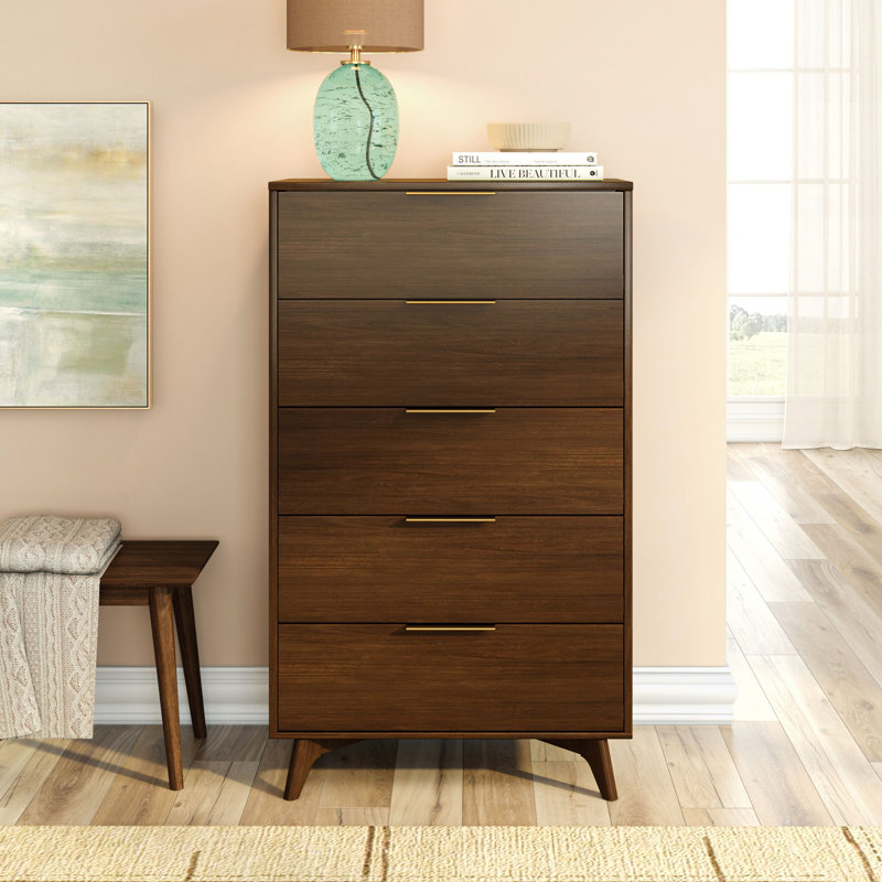 Haven 5 Drawer Dresser with Brass Handle, Walnut, Walnut