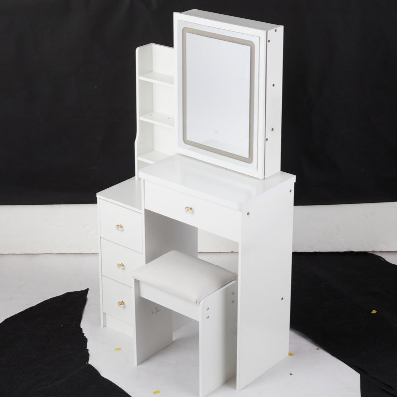 29.2" Small Size Left Bedside Cabinet Vanity Table + Cushioned Stool, Large Sliding, Touch Control, Tri-Color Switching, Brightness Adjust LED Mirror, High Capacity Storage, Suitable For Small Space