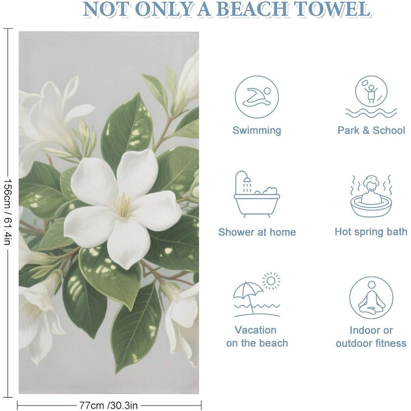 Serviette de plage à séchage rapide en microfibre à motif floral et feuilles blanches, 36 x 72 po