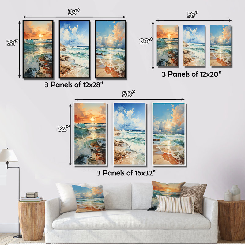«Beach Photo Seaside Reflections», 3 pièces sur toile, Toile tendue, H 32 po x l 48 po