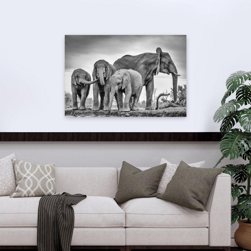 African Elephants At Waterhole Contemporary Elephant Nature Wildlife Wall Art Print by Jaco Marx - Wrapped Canvas Print