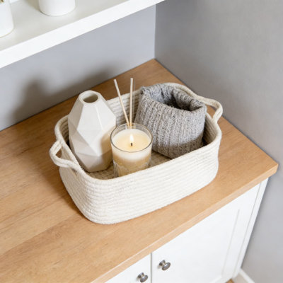 Woven Cotton Rope Storage Basket With Handles, Collapsible Organizer For Shelves, Closet, Nursery, Office & Pet Toys