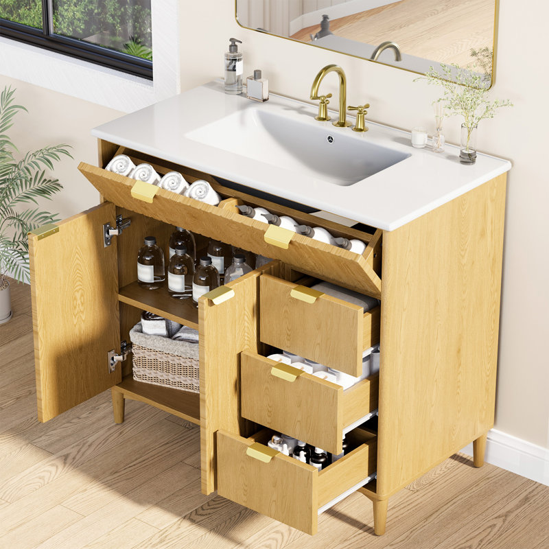  36 Inch Single Bathroom Vanity With Ceramic Sink And , Freestanding Bathroom Vanity With Cabint And Drawers