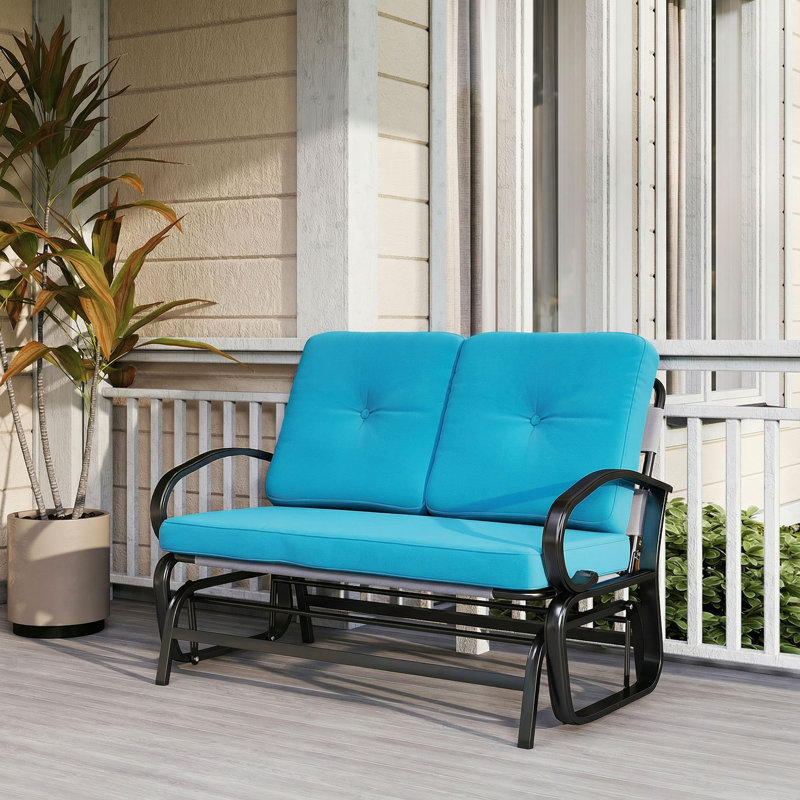 Banc oscillant d'extérieur, causeuse à bascule de patio pour 2 personnes avec coussins touffetés, structure en acier pour porche, jardin, bleu
