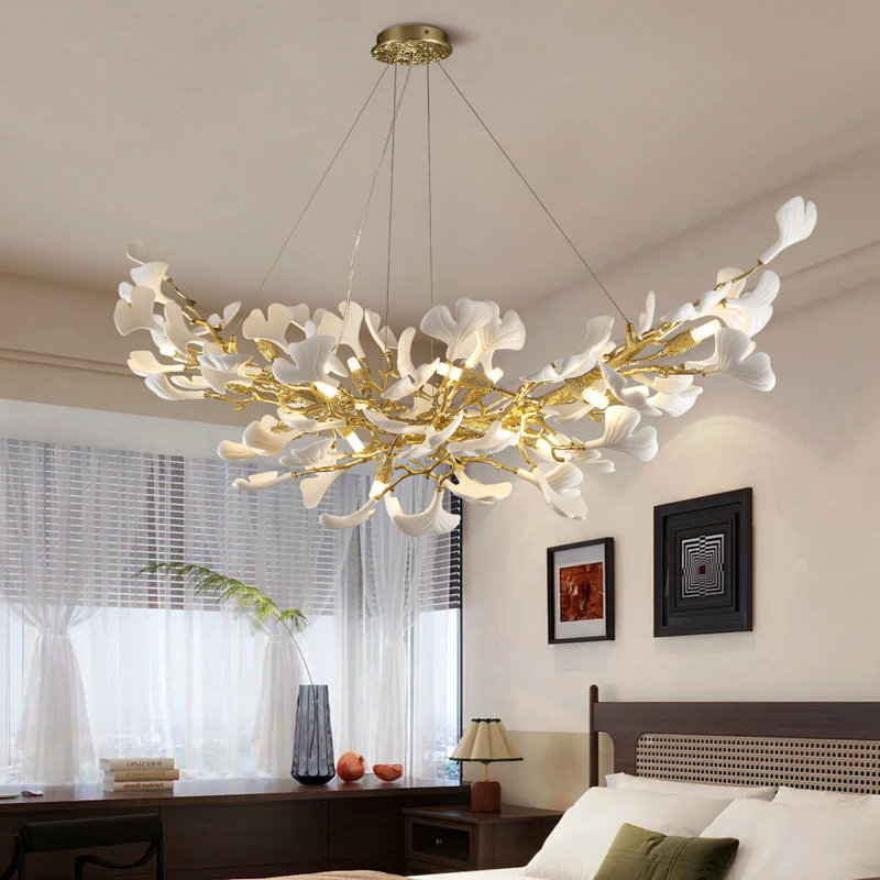 Modern 16-Light Ginkgo Leaf Chandelier, Gold Branching Chandelier with White Ceramic Leaves