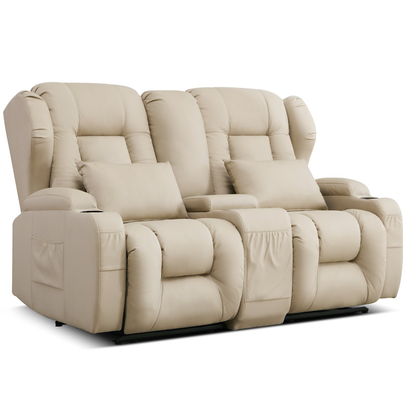 Loveseat Recliner with Storage Center Console, Manual Double Reclining Sofa with Pockets, Cup Holders, Pillows, Beige Fabric