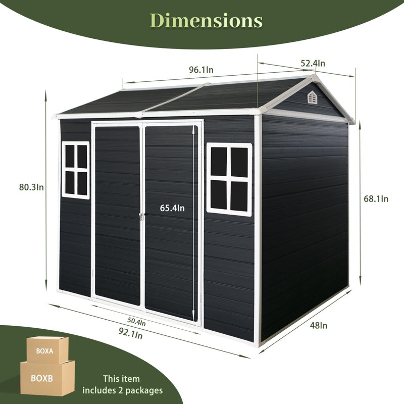 Jaxenor 8x4 FT Resin Shed with Floor Included, Outdoor Storage Shed with 2 Windows and Lockable Door for Backyard, Garden Tools, Bike