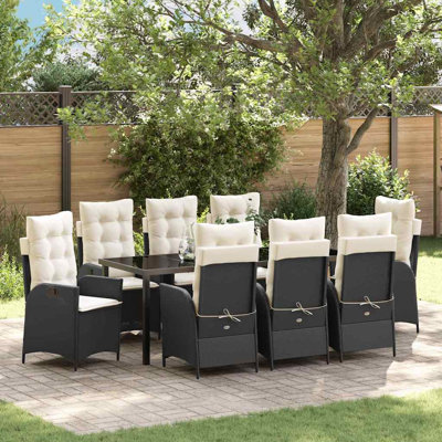  Ensemble de salle à manger de jardin avec coussin 9 pièces en rotin de polyester noir