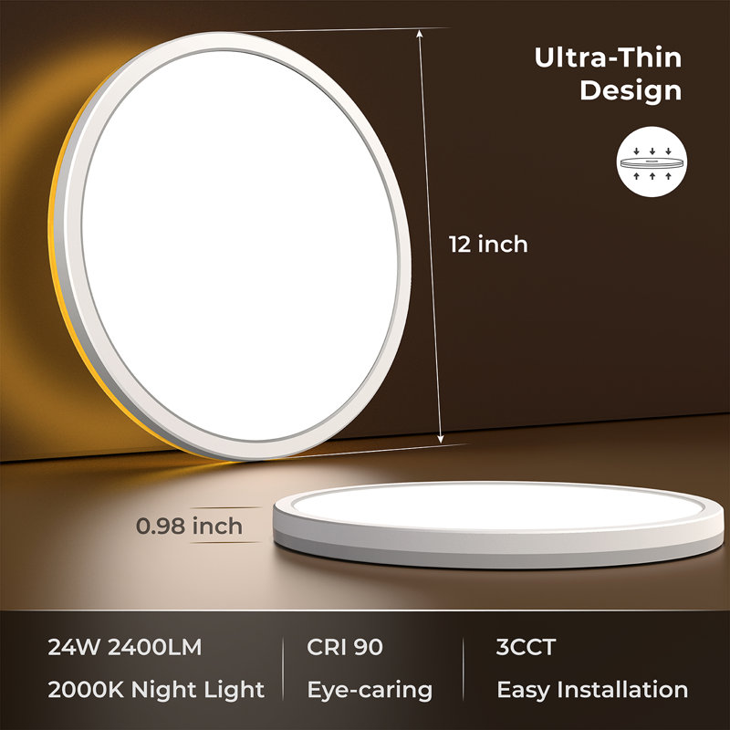 Dimmable LED Flush Mount Ceiling Light with Night Light, 0.98" H x 12" W x 12" D, White