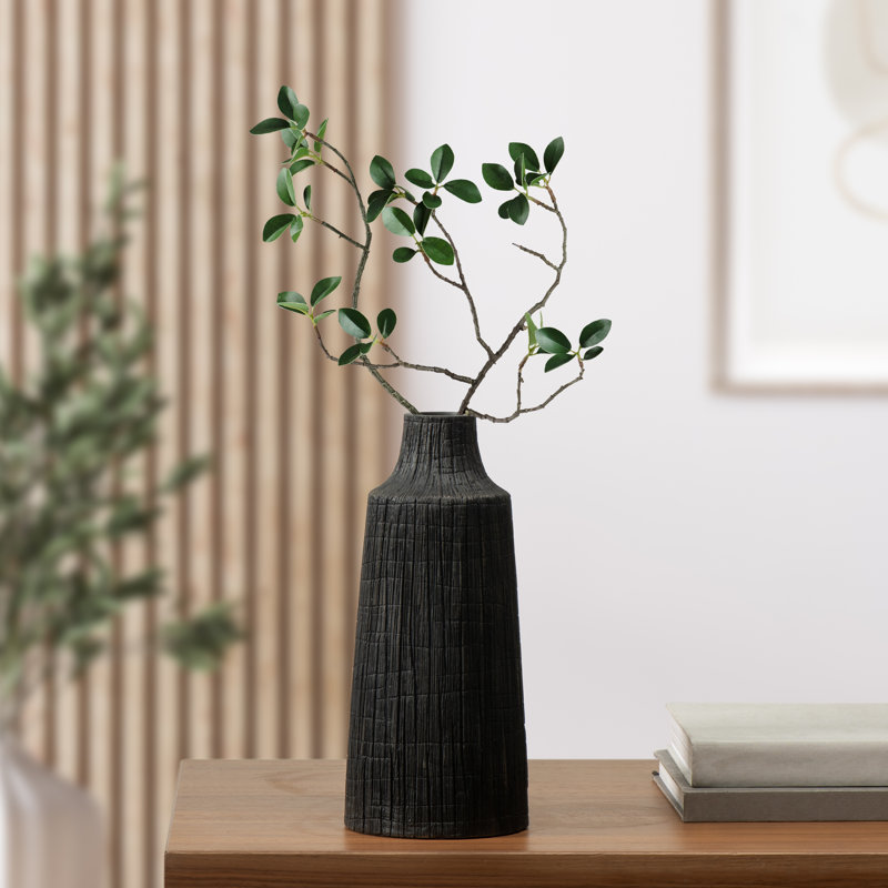 Tree Trunk Textured Etched Resin Table Vase, 12" H x 5.25" W x 5.25" D, Black