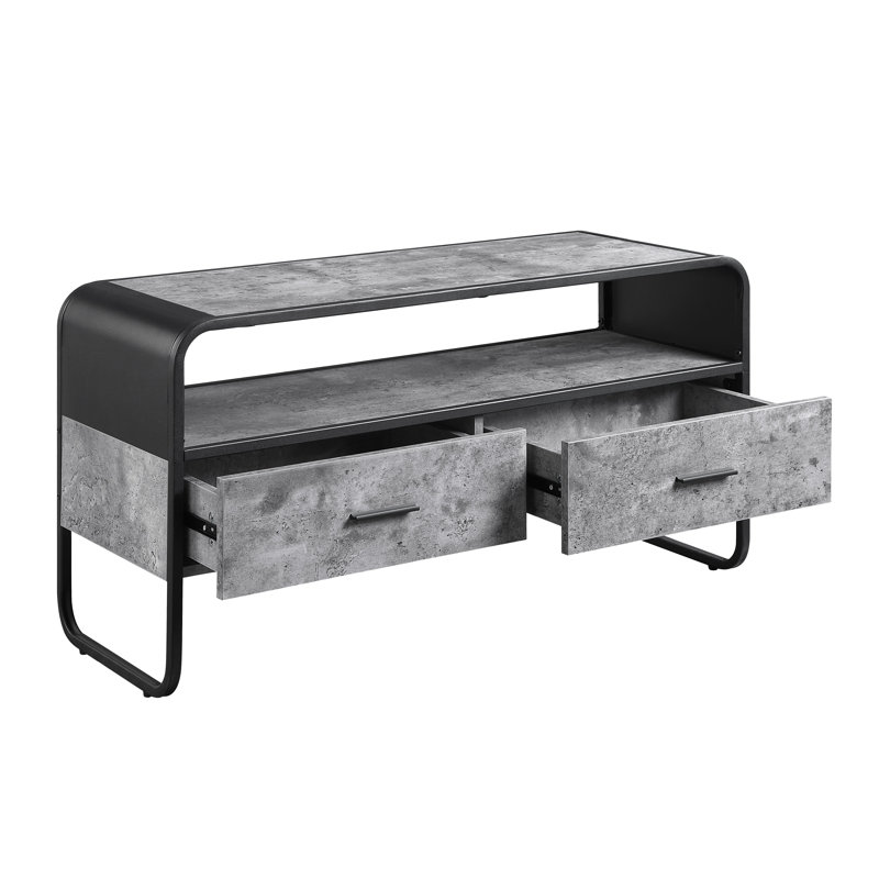 Meuble télé moderne noir et gris avec structure en métal, fabrication en bois, tiroirs et rangement ouvert pour le salon