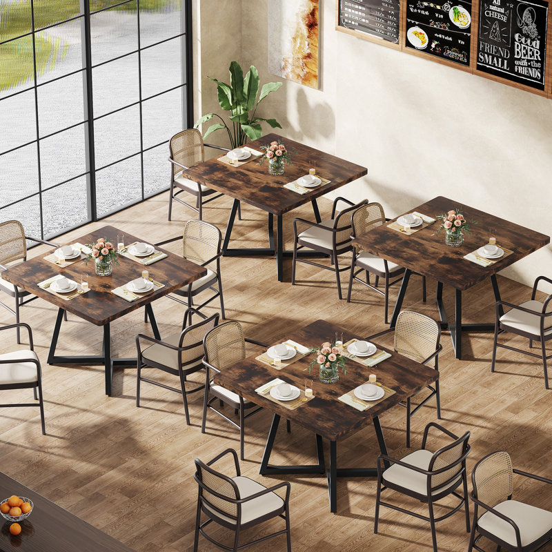 Square Dining Table, 31.5" Industrial Dinner Table, Black, Vintage Brown