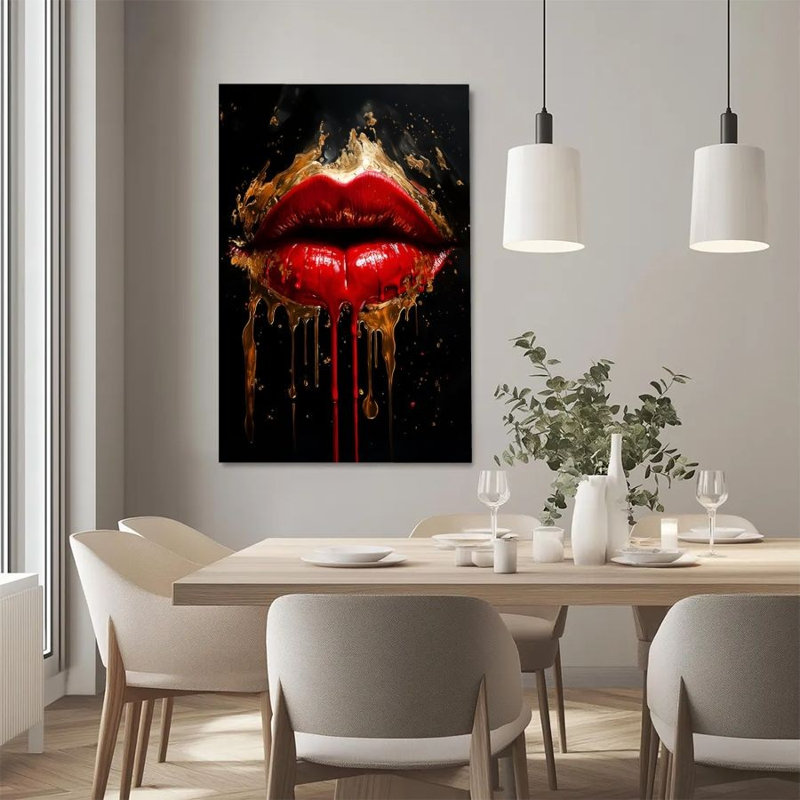 1Pc, impression sur toile encadrée rouge à lèvres, gouttelettes dorées, décor de style surréalisme
