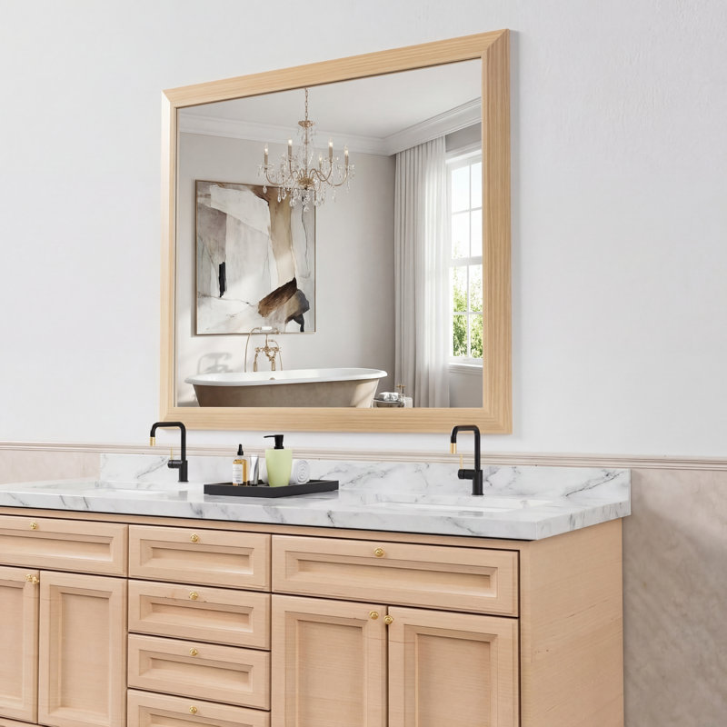 Miroir de salle de bain en verre trempé épais de haute qualité, 40 po x 36 po, Bois jaune clair