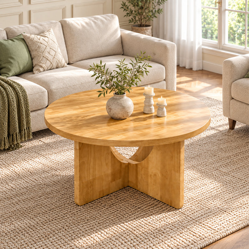 Table basse ronde 32,3 po, table basse Mid-Century, finition chêne, pieds en bois massif uniques
