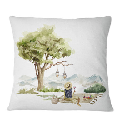 Young Girl Sitting With A Glass Of Wine Under Tree - Country Printed Throw Pillow