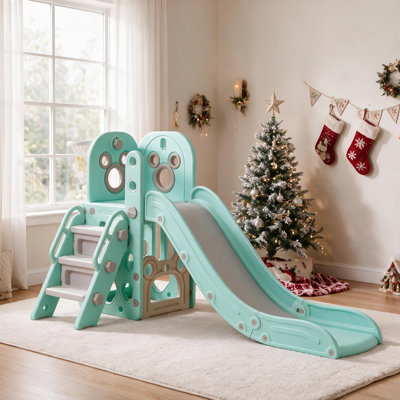  Multifunctional Children Slide, Kids Sturdy Slide with Basketball Hoop and Telescope, Non-Slip Steps, L-Shaped Baby Indoor and Outdoor Climber Playground Playset, for Kids Ages 3+