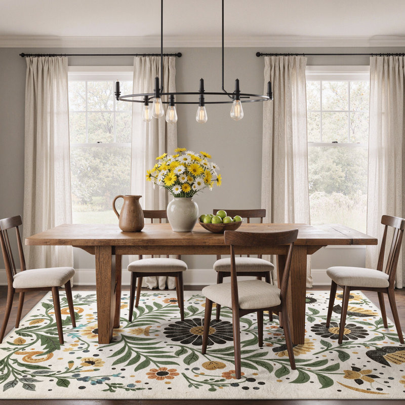 Clermont Verdant Boho Floral Sage Ochre Machine Washable Area Rug, Rectangle 6' x 9', Beige / Sage Green