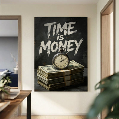 1Pc Framed Canvas Poster Print Stacked money with a stopwatch, "Time is Money" text, Grunge Art Style. Wall Art Decor, Perfect for Room Decor Living Room Bedroom Office Kitchen Bathroom Home Decor, Ideal Home Wall Decoration Gift, 2D Flat