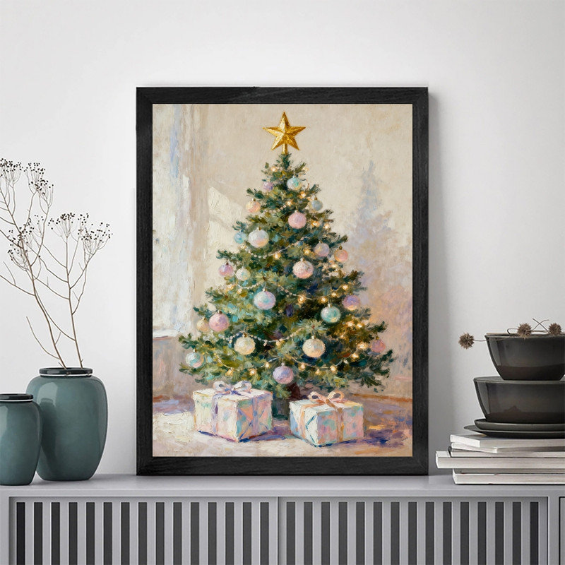 Art mural arbre de Noël noir encadré - décorations festives rétro élégantes, H 25 po x l 17 po