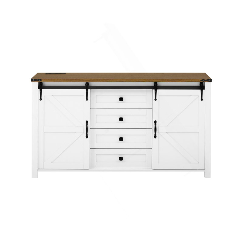 55.1-Inch Sideboard With Storage,Farmhouse Storage Cabinet With Sliding Barn Doors And 4 Drawers, Wood Buffet Table With Power Outlet