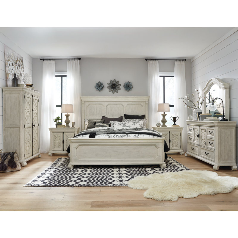 California King Panel Bed 2 Nightstands Drawer Dresser With Shaped Mirror And Armoire