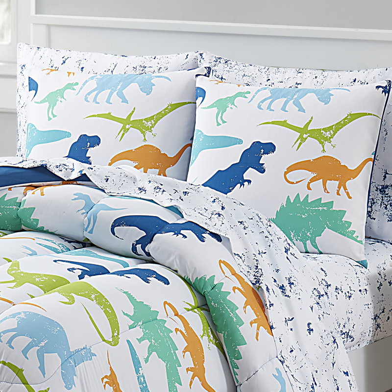 Dinosaur White/Blue/Green Microfiber Reversible Comforter Set, Full/Double Comforter + 2 Standard Shams