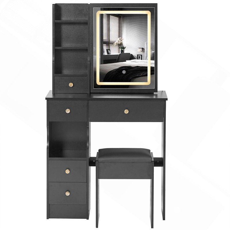 Ensemble de petite coiffeuse 29,2 pouces avec miroir tactile à DEL, bureau de maquillage 3 lumières à intensité variable avec tiroir gauche