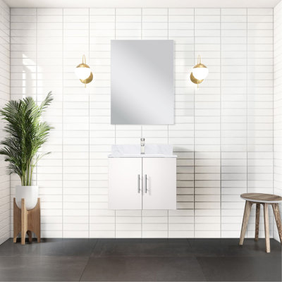Meuble-lavabo blanc lustré, 24 po L 22 po x P 22 po, comptoir et robinet en marbre, miroir 18 po, comptoir de salle de bain à rayures et taches, couche de protection contre les rayures