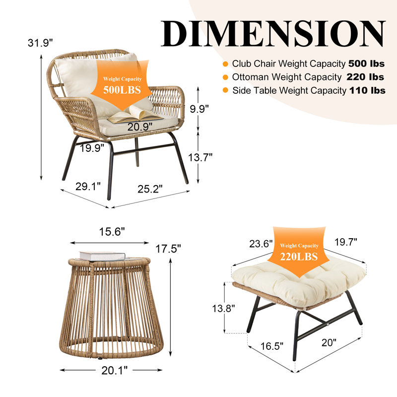 5 Piece Outdoor Wicker Boho Patio Conversation Set with Ottomans and Side Table