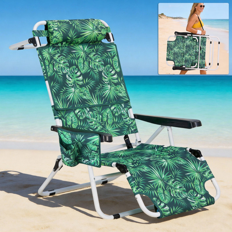 3 In 1 Tanning Chair With Face Hole, 350 Lbs Capacity, Portable Folding Beach Lounge With Cup Holder & Headrest, Green