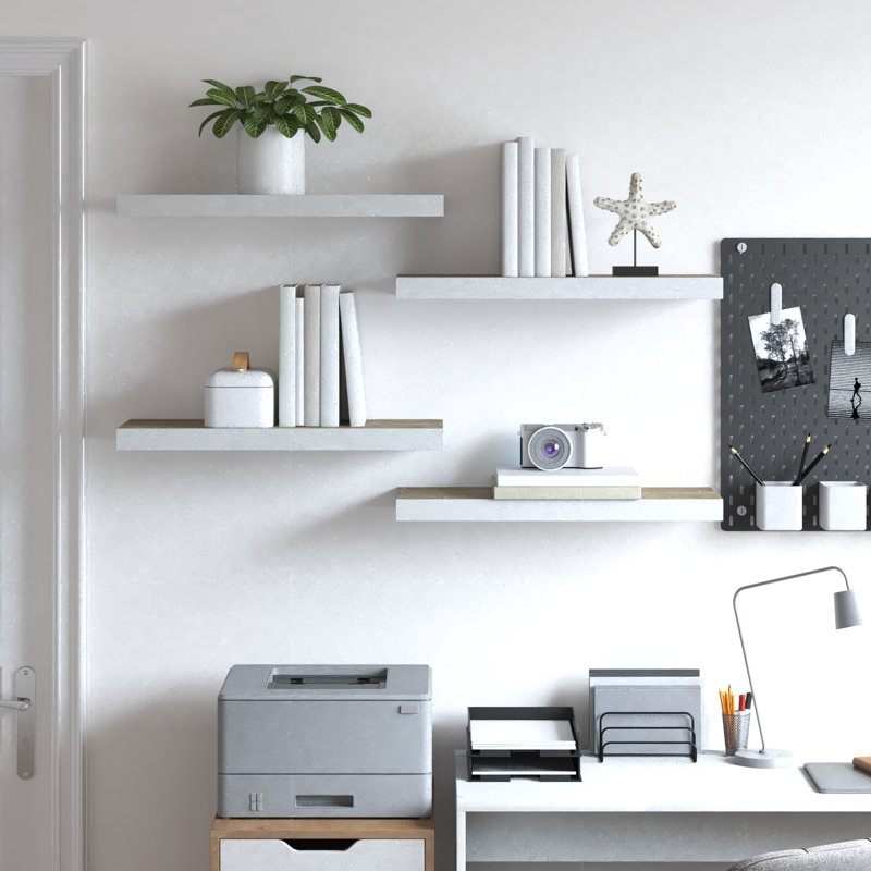 Ensemble de 4 tablettes murales pour cadres photo, H 1,5 po x l 23,6 po x P 9,3 po, Chêne et blanc
