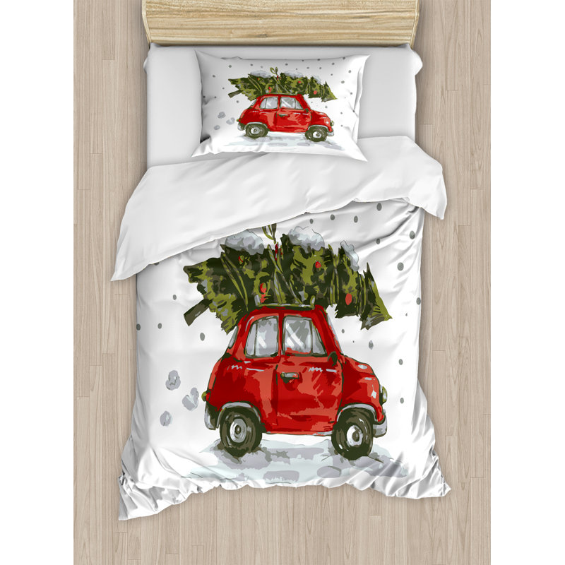 Twin Christmas Red Car and Tree Microfiber Duvet Set