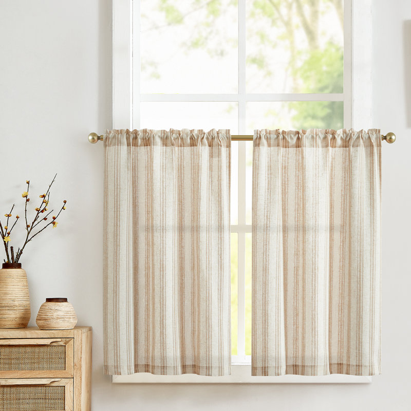 Kitchen Curtains Striped Tier Cafe Curtains Farmhouse Small Curtains, 26" W x 24" L, Tan on Beige