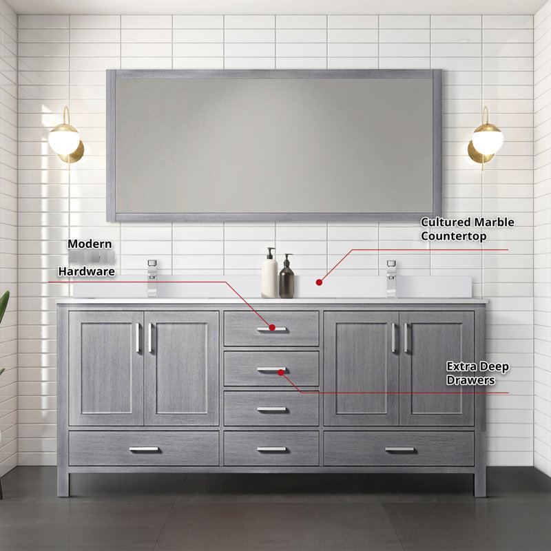 72 po L x P 22 po. Double meuble-lavabo gris avec comptoir en marbre, robinet et miroir 28 po, Gris