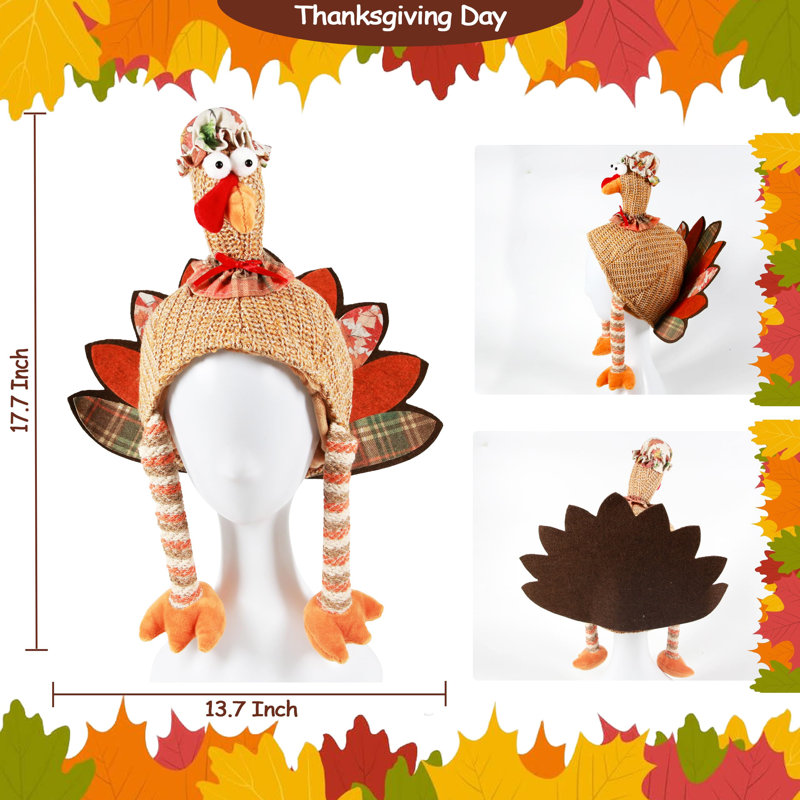 2 Pcs Mr. & Mrs. Plush Turkey Hat Set, Adult Thanksgiving Costume Hats for Turkey Trot Runs