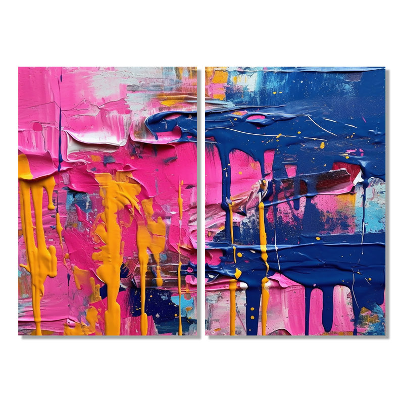 Explosions roses et bleues de couleurs - art mural abstrait, H 36 po x l 48 po, Toile tendue, Ne s’applique pas