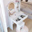 Ensemble de coiffeuse à miroir rond de 17 po + ensemble de tabourets à coussin souple, grand miroir, interrupteur tactile, 3 couleurs, luminosité réglable, grand bureau, rangement multicouche de grande capacité, convient aux petits espaces