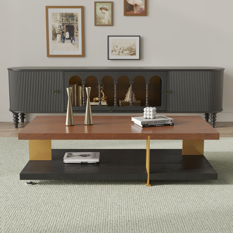 Rectangular Coffee Table With Storage, Brown Top/Black Base
