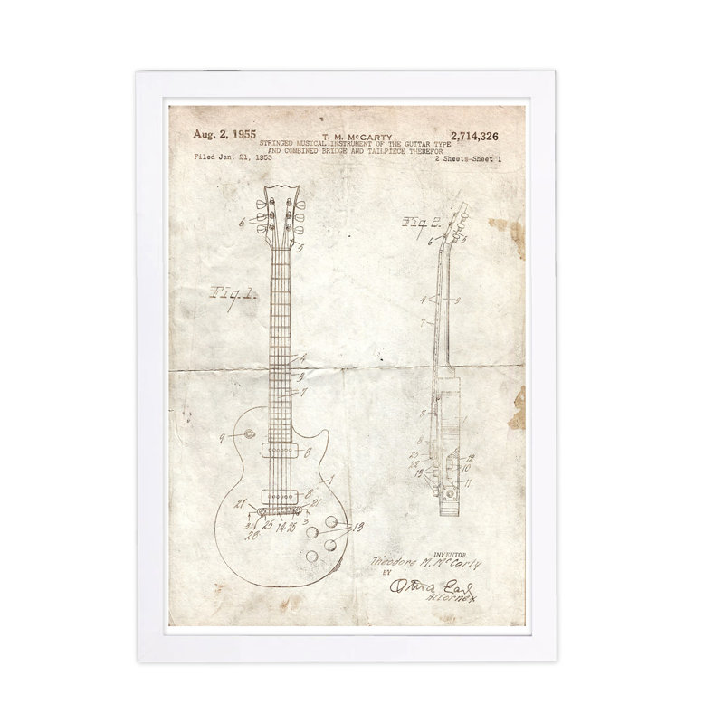 Gibson Les Paul, guitare parchemin 1955 par Oliver Gal - impression encadrée sur papier, H 13 po x l 19 po x P 0,75 po