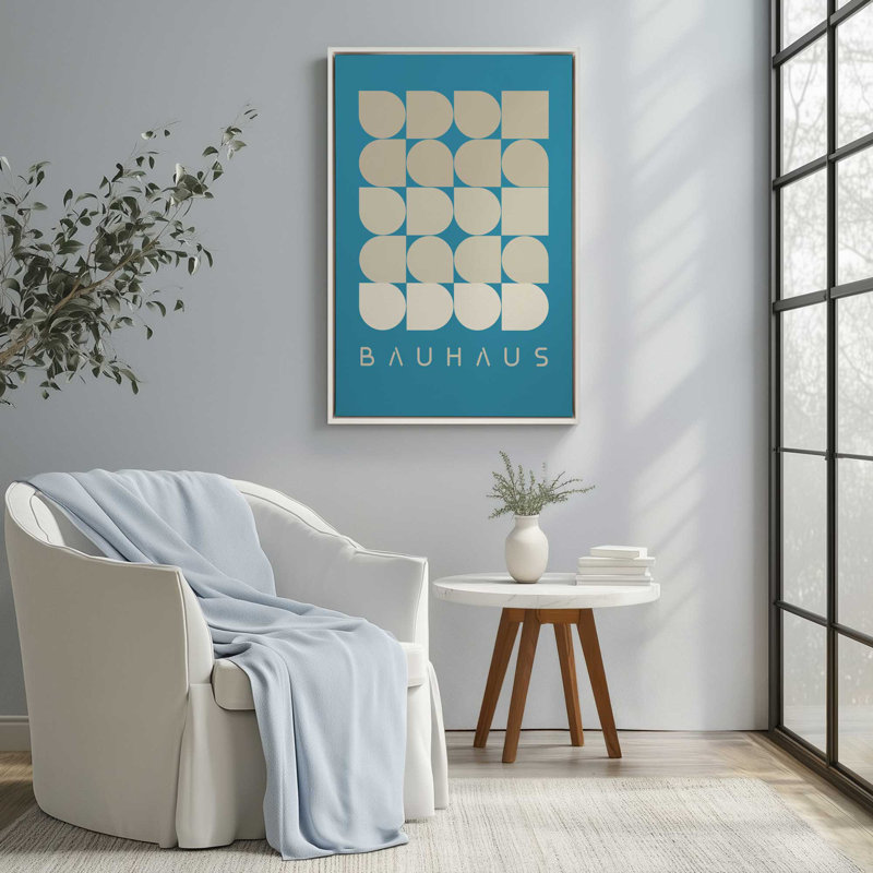 Teal and Cream Bauhaus Geometry, 12.75" H x 8.75" W x 1.75" D, Polished Chrome Floater Framed