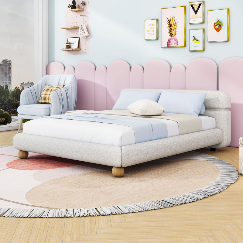 Teddy Fleece Upholstered Bed with Unique Headboard Design and Sturdy Wood Legs