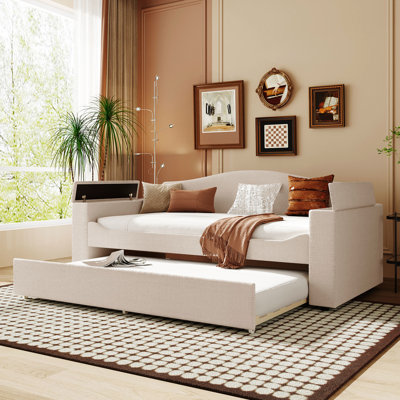 Twin Size Daybed In Beige, With Storage, Trundle And For Enjoyable Relaxing Experience Beige Storage , Fun Times