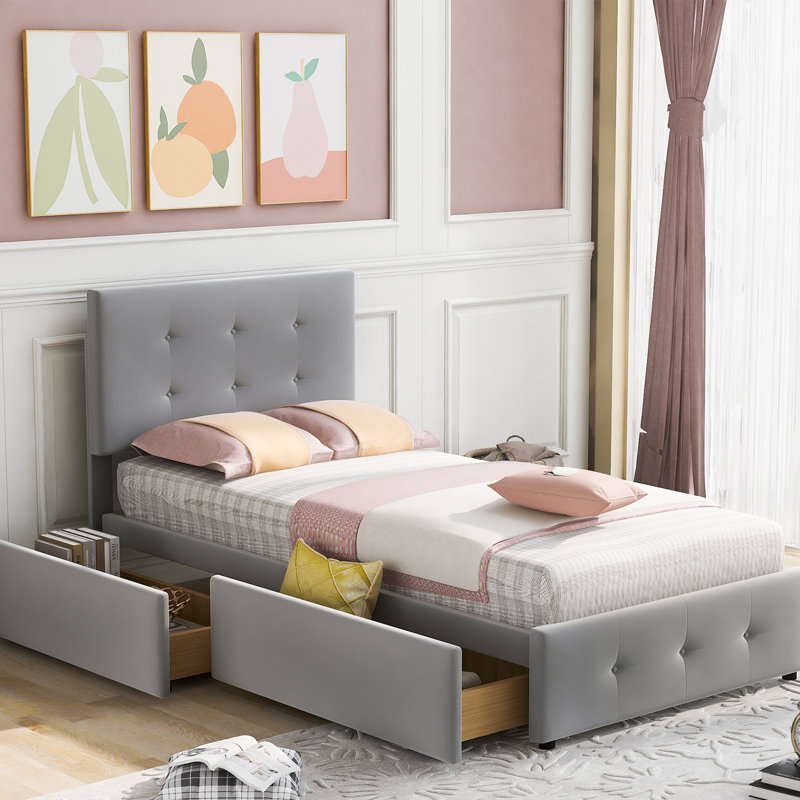 Yvoire Upholstered Storage Bed, European Single (90 x 200cm), Grey